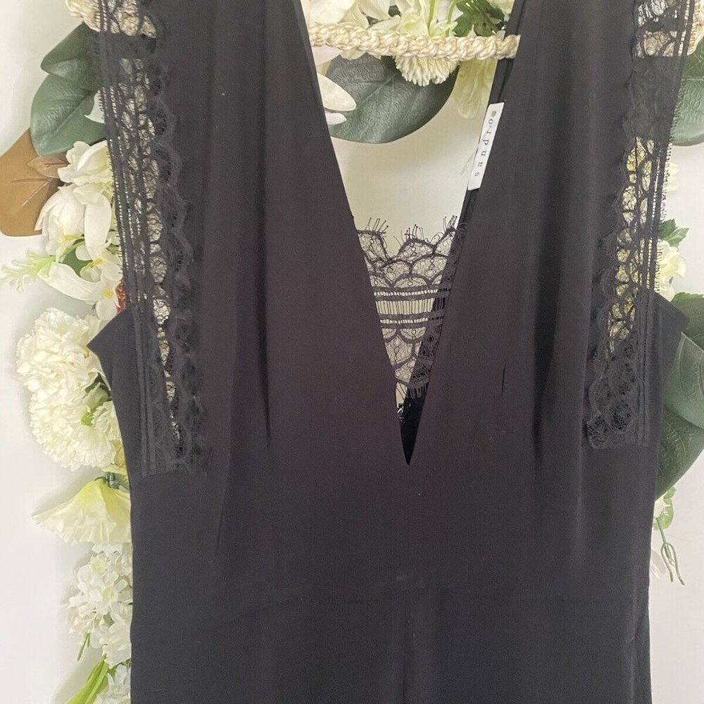 Sandro Palazzo Plunge V-Neck Lace Trim Wide Leg Jumpsuit in Black Med $495 NWOT - Picture 12 of 16